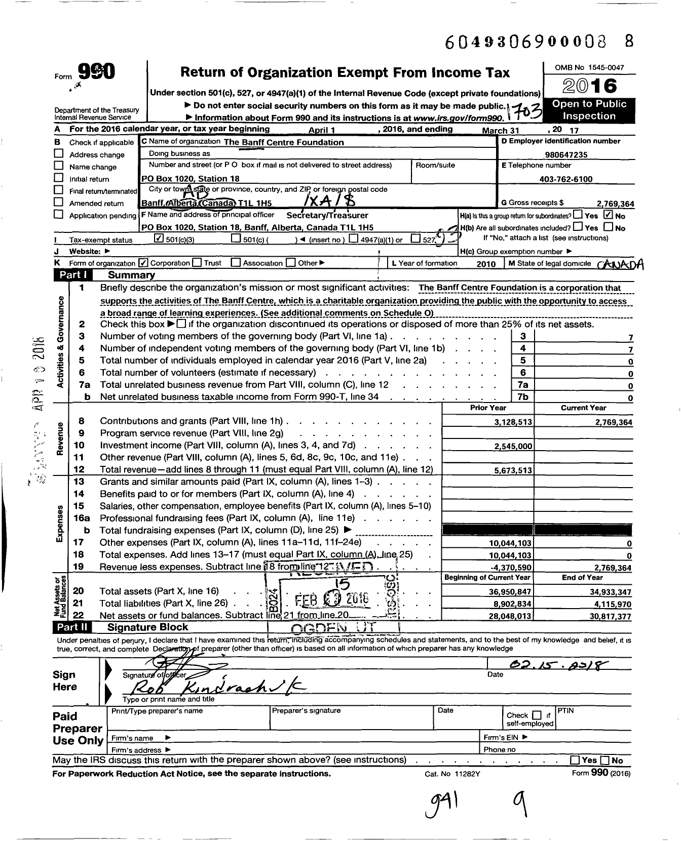 Image of first page of 2016 Form 990 for The Banff Centre Foundation