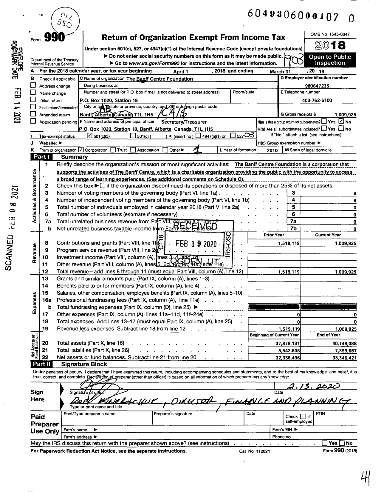 Image of first page of 2018 Form 990 for The Banff Centre Foundation