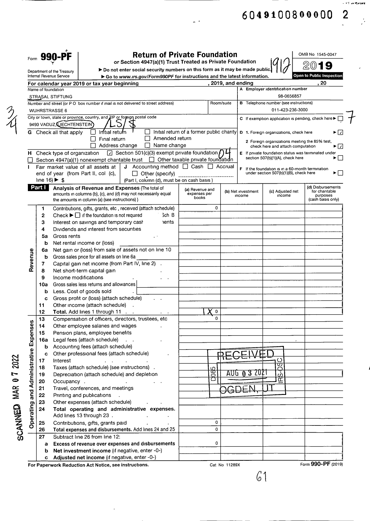 Image of first page of 2019 Form 990PF for Strasal Stiftung