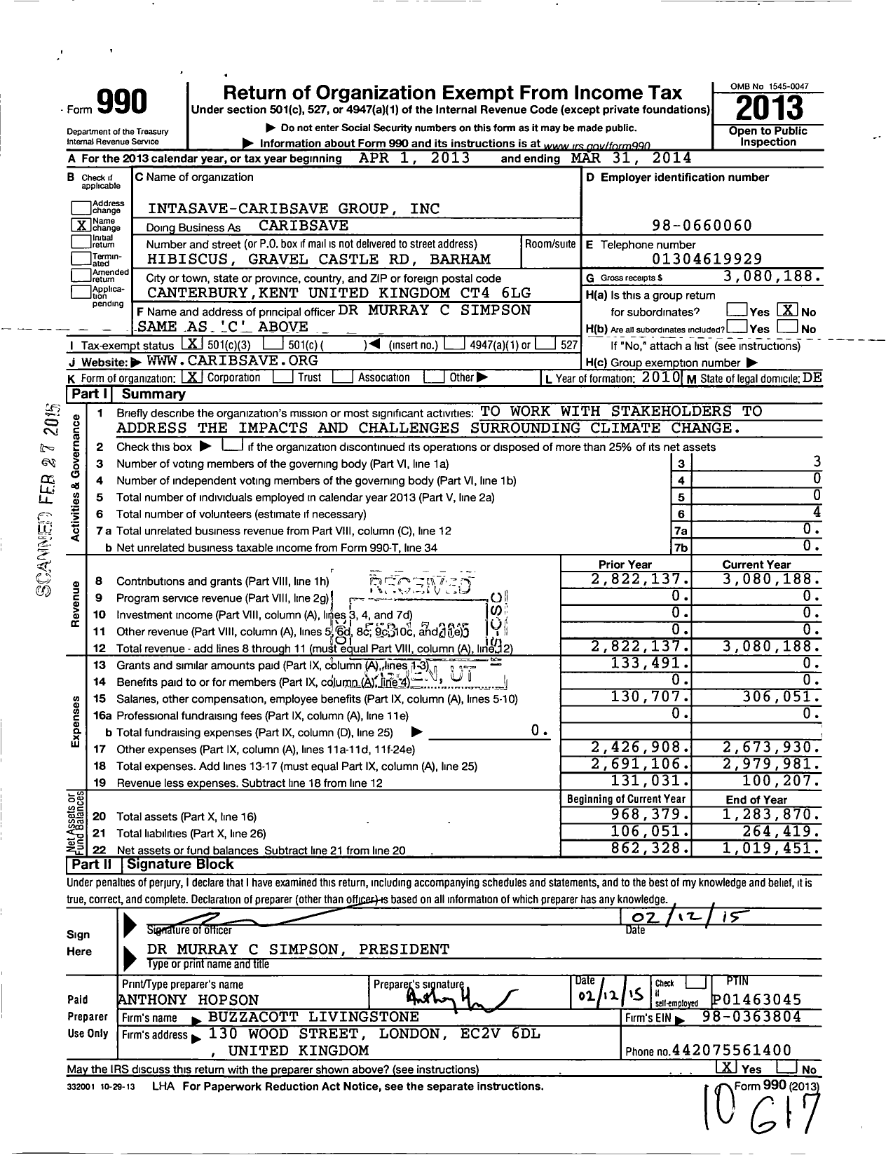 Image of first page of 2013 Form 990 for Intasave Caribsave Group