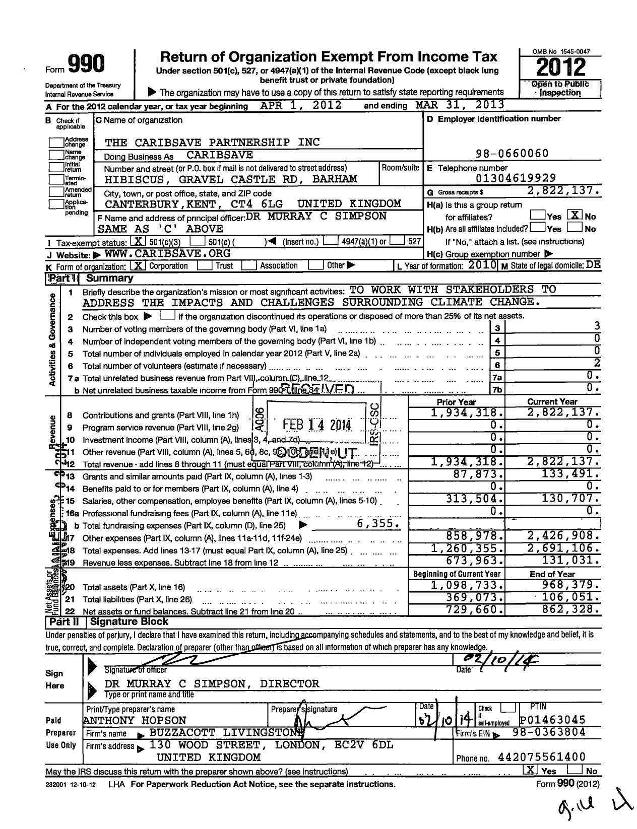 Image of first page of 2012 Form 990 for Intasave Caribsave Group