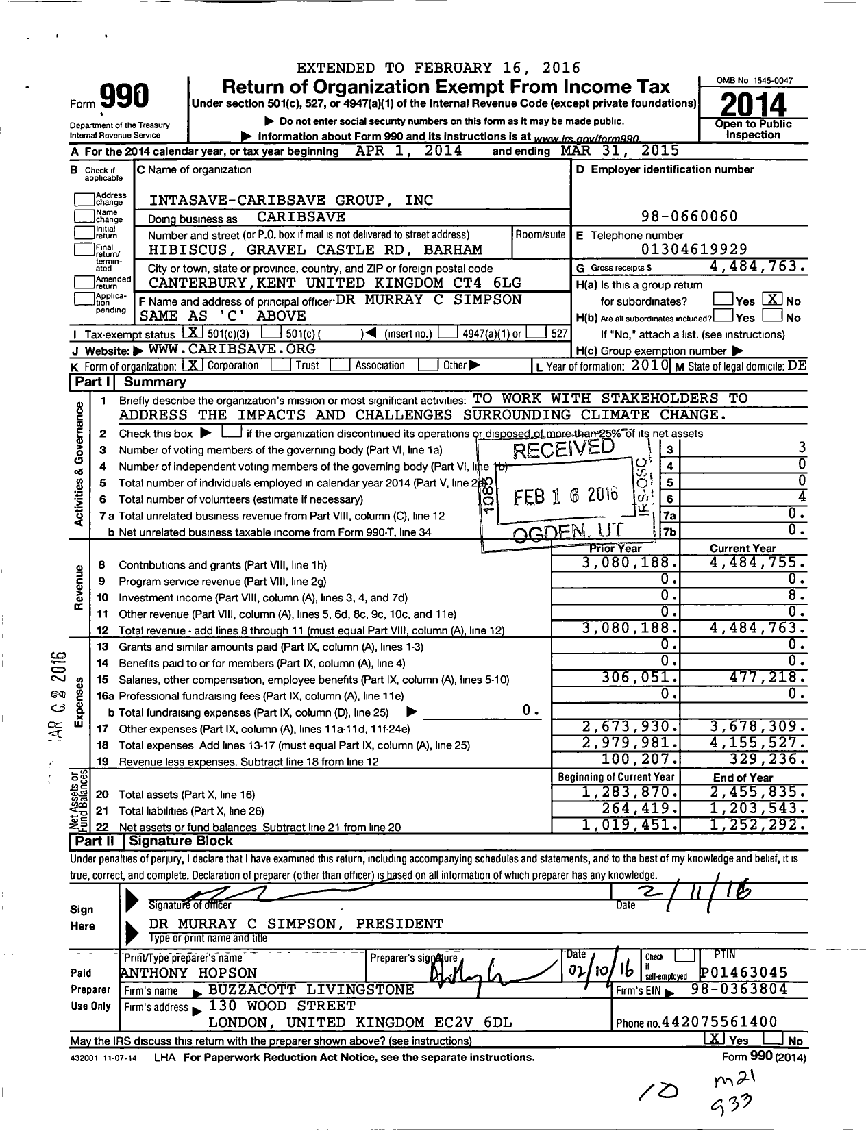 Image of first page of 2014 Form 990 for Intasave Caribsave Group