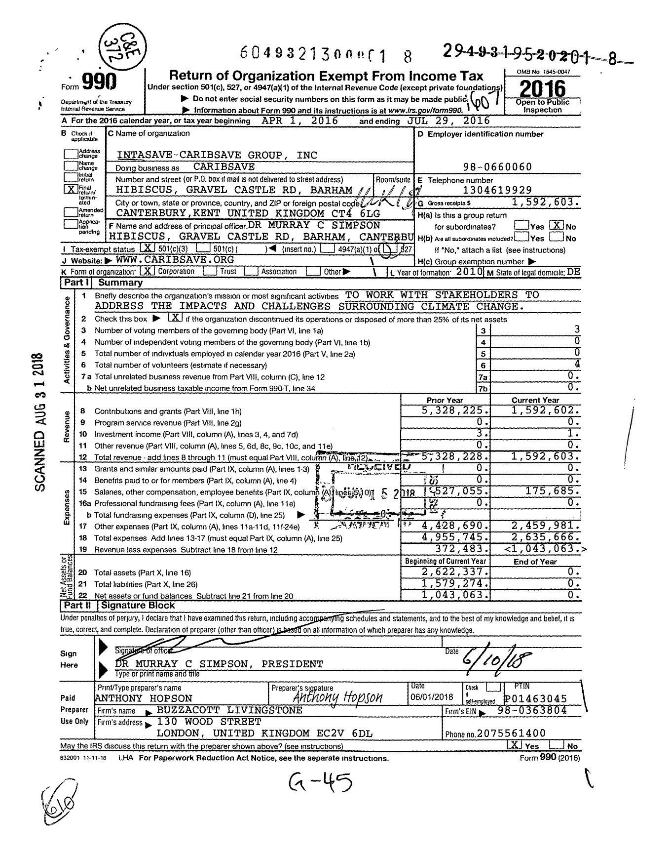 Image of first page of 2015 Form 990 for Intasave Caribsave Group