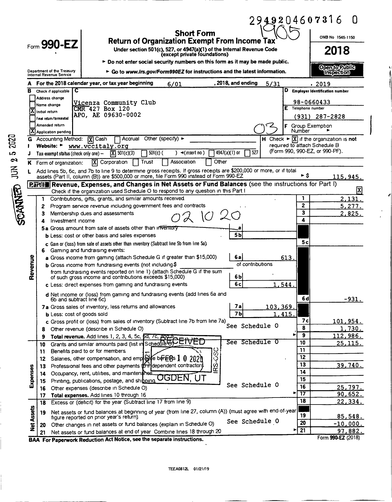 Image of first page of 2018 Form 990EZ for Vicenza Community Club