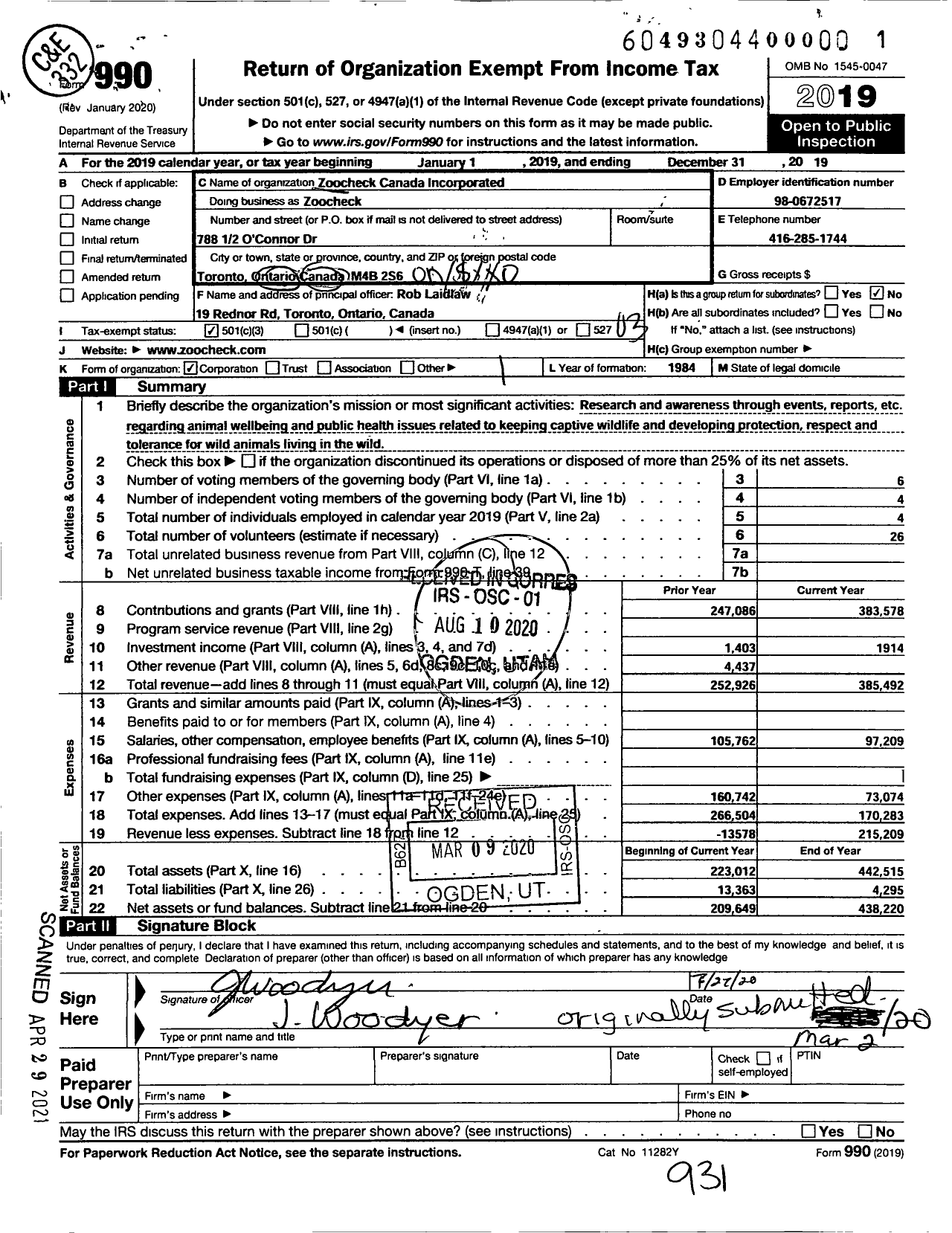 Image of first page of 2019 Form 990 for Zoocheck Canada Incorporated