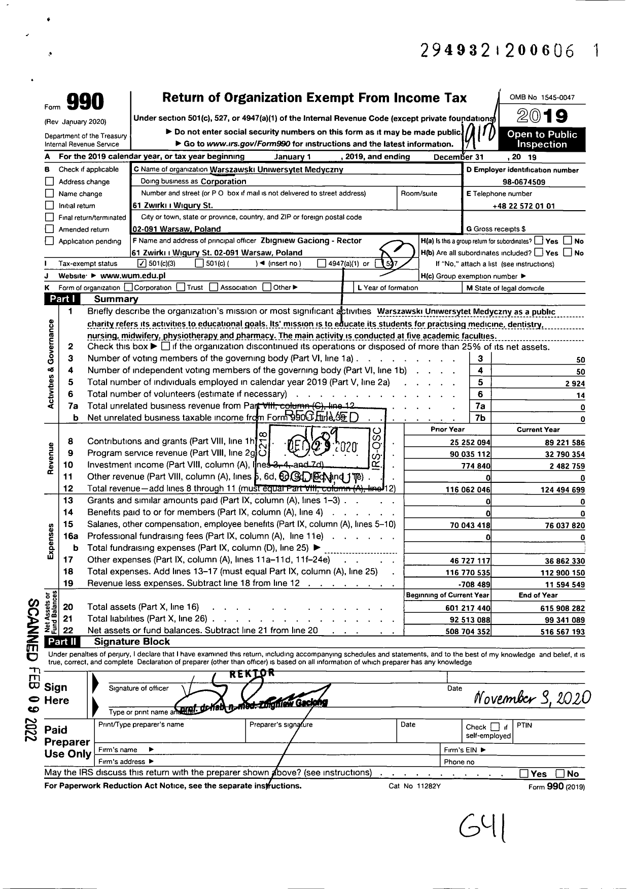 Image of first page of 2019 Form 990 for Medical University of Warsaw