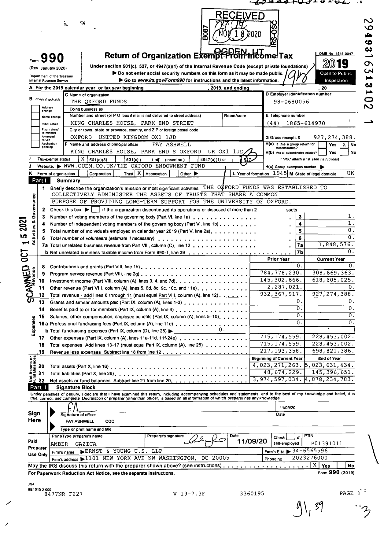 Image of first page of 2019 Form 990 for Oxford Endownment Fund