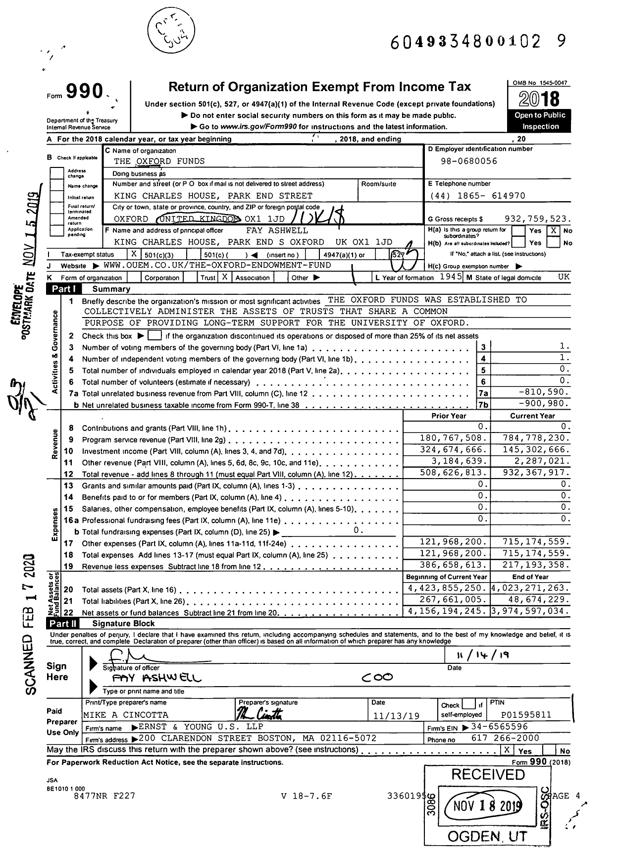 Image of first page of 2018 Form 990 for Oxford Endownment Fund