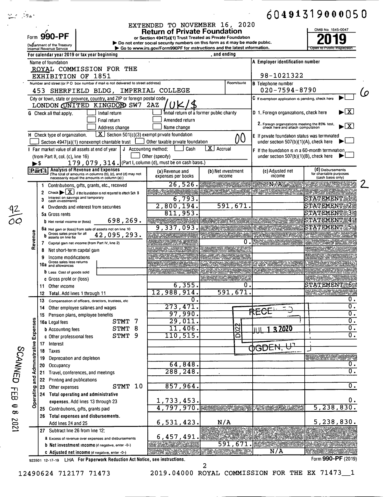 Image of first page of 2019 Form 990PF for Royal Commission for the Exhibition of 1851