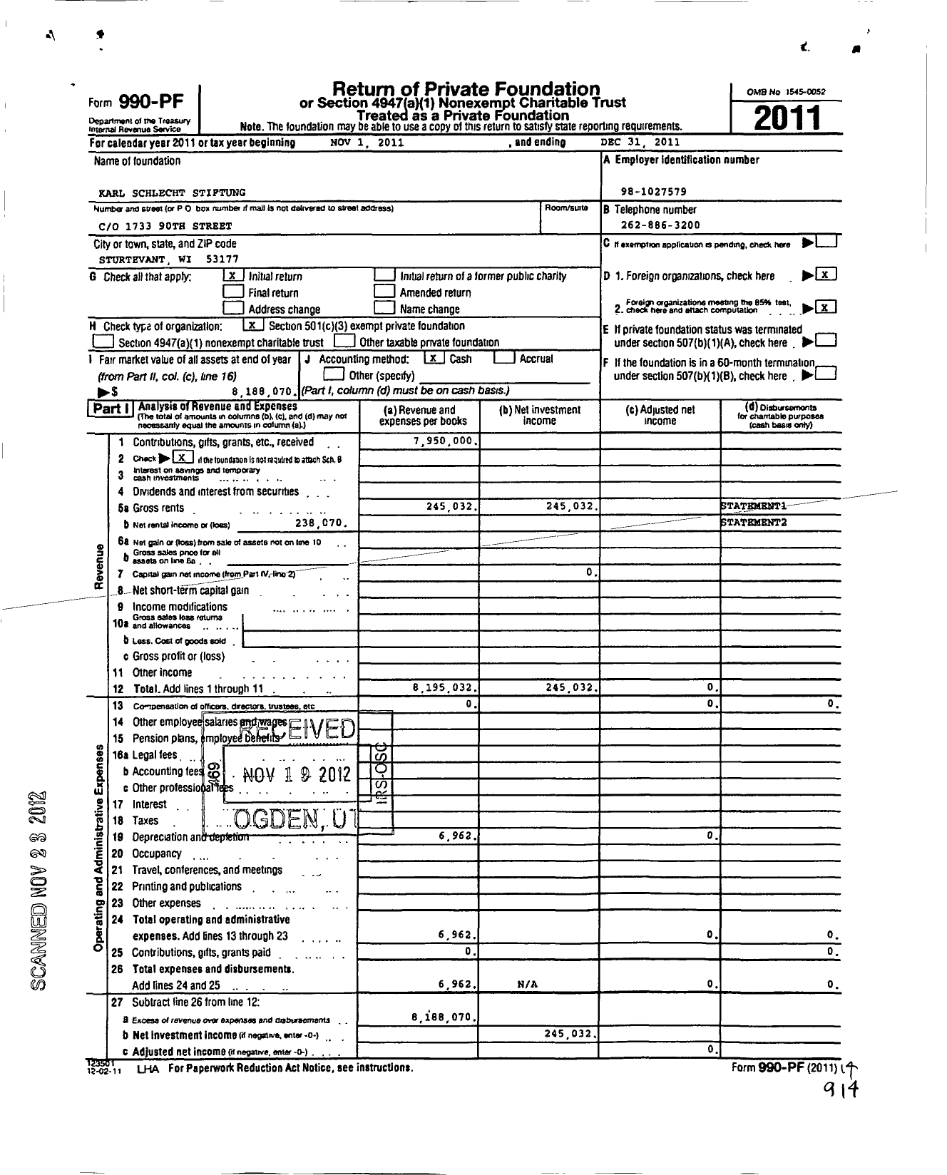 Image of first page of 2011 Form 990PF for Karl Schlecht Stiftung Foundation