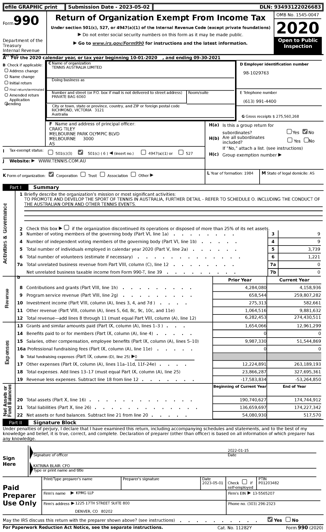 Image of first page of 2020 Form 990 for Tennis Australia