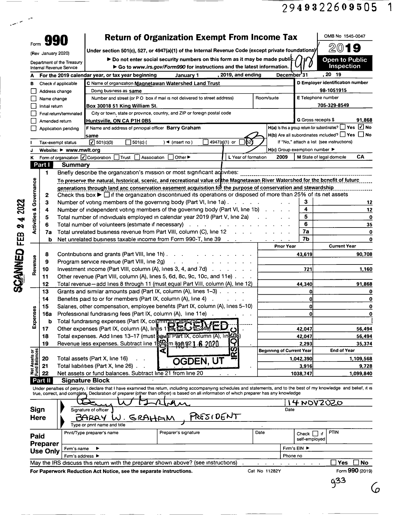 Image of first page of 2019 Form 990 for Magnetawan Watershed Land Trust