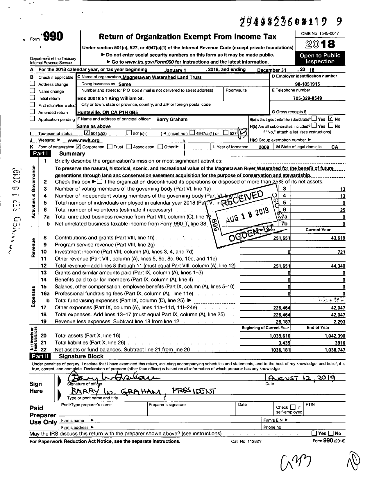 Image of first page of 2018 Form 990 for Magnetawan Watershed Land Trust