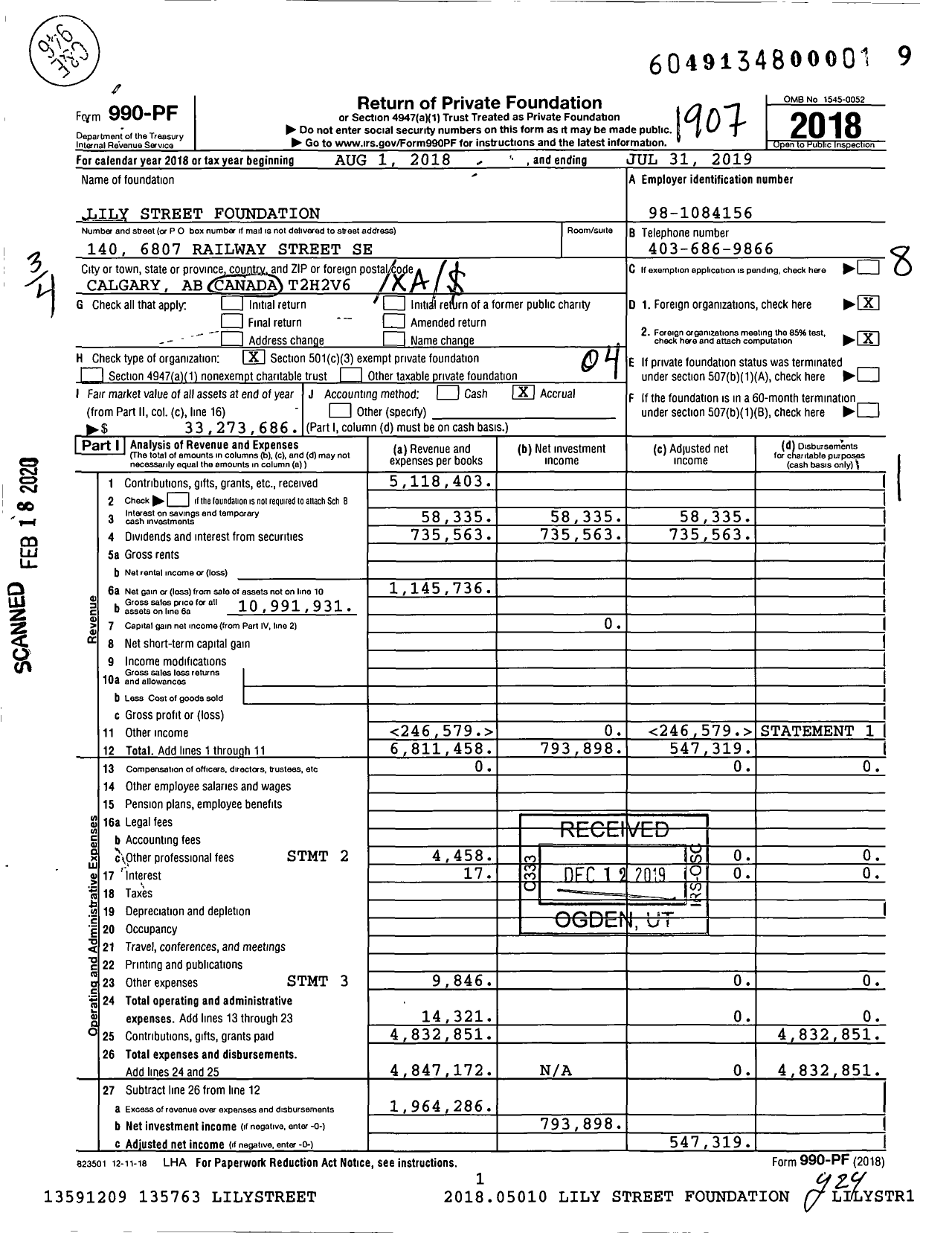 Image of first page of 2018 Form 990PF for Lily Street Foundation