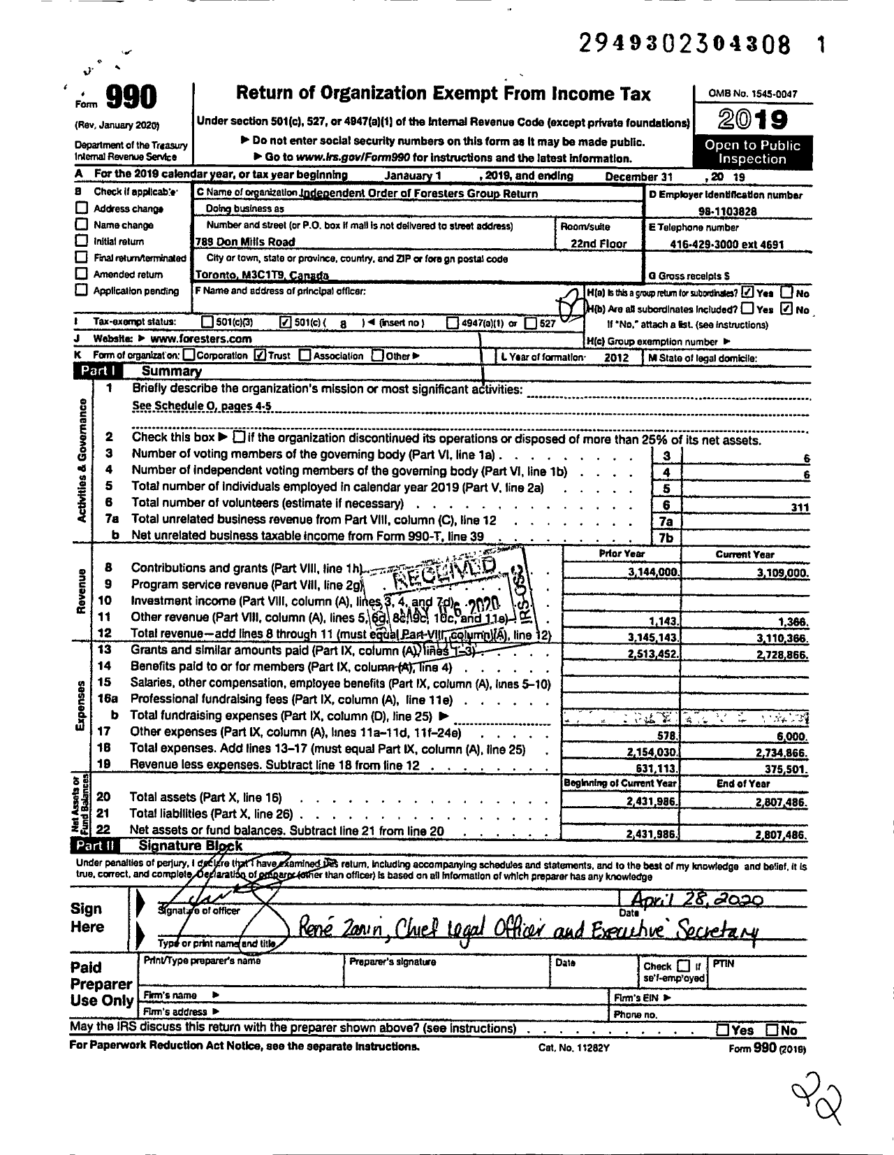 Image of first page of 2019 Form 990 for Independent Order of Foresters Group Return