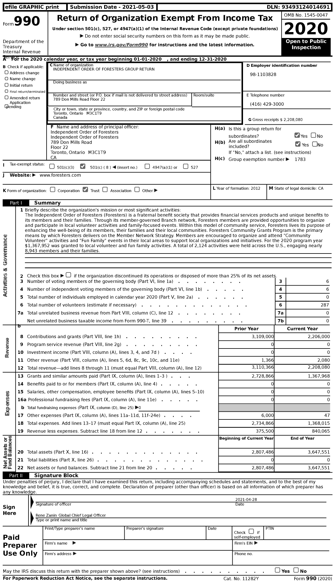 Image of first page of 2020 Form 990 for Independent Order of Foresters Group Return