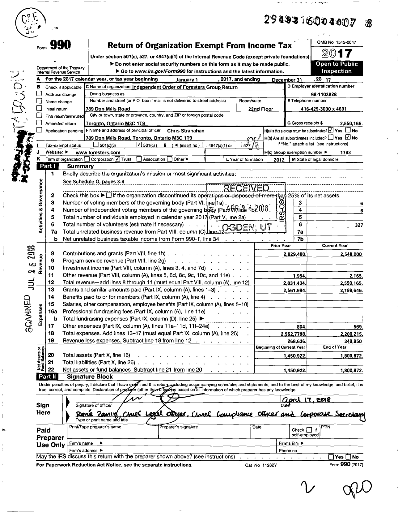 Image of first page of 2017 Form 990O for Independent Order of Foresters Group Return