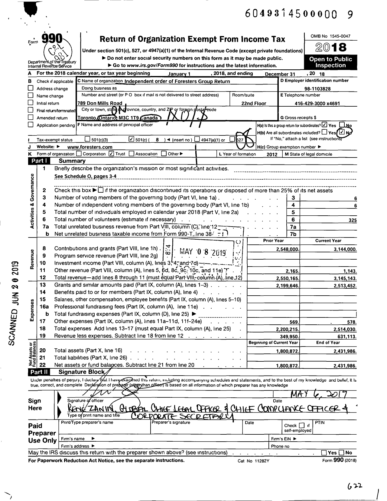 Image of first page of 2018 Form 990O for Independent Order of Foresters Group Return