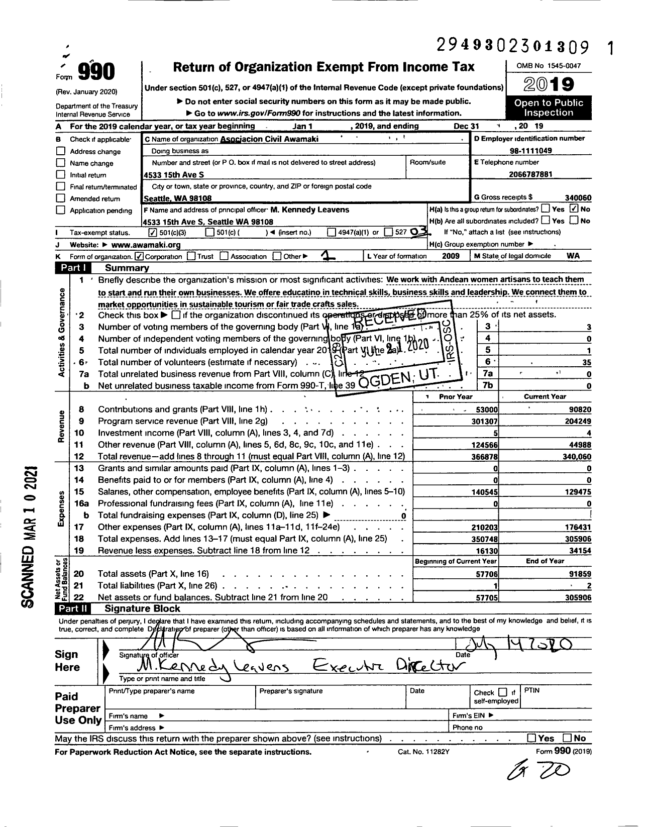 Image of first page of 2019 Form 990 for Asociacion Civil Awamaki