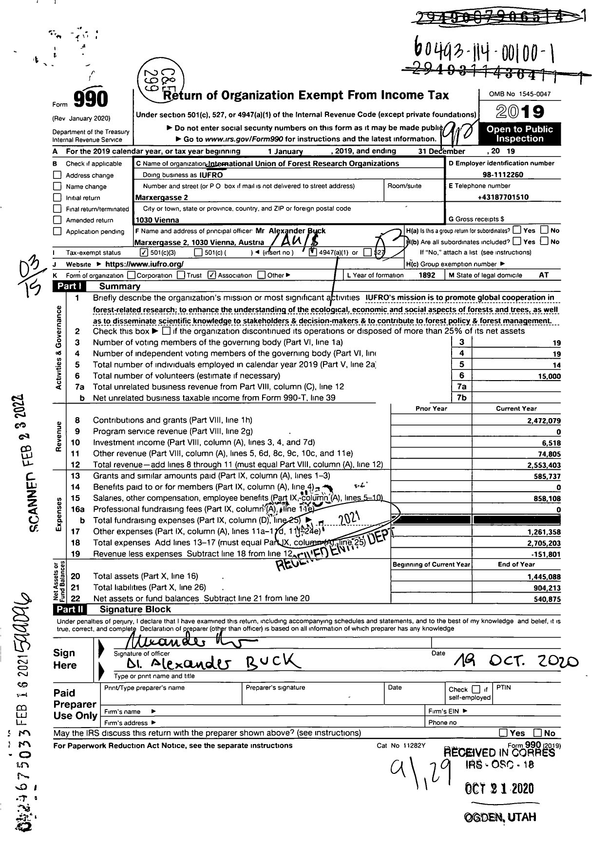 Image of first page of 2019 Form 990 for International Union of Forest Research Organizations (IUFRO)