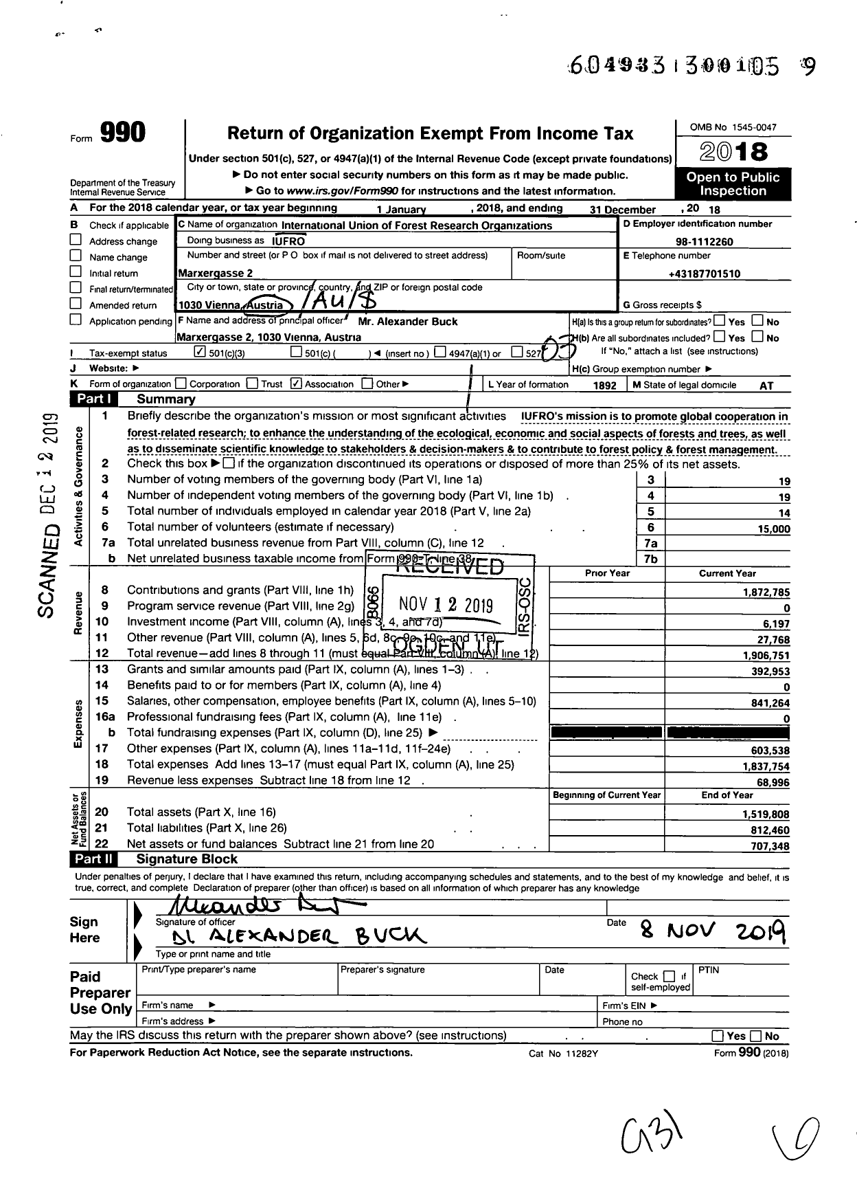 Image of first page of 2018 Form 990 for International Union of Forest Research Organizations (IUFRO)