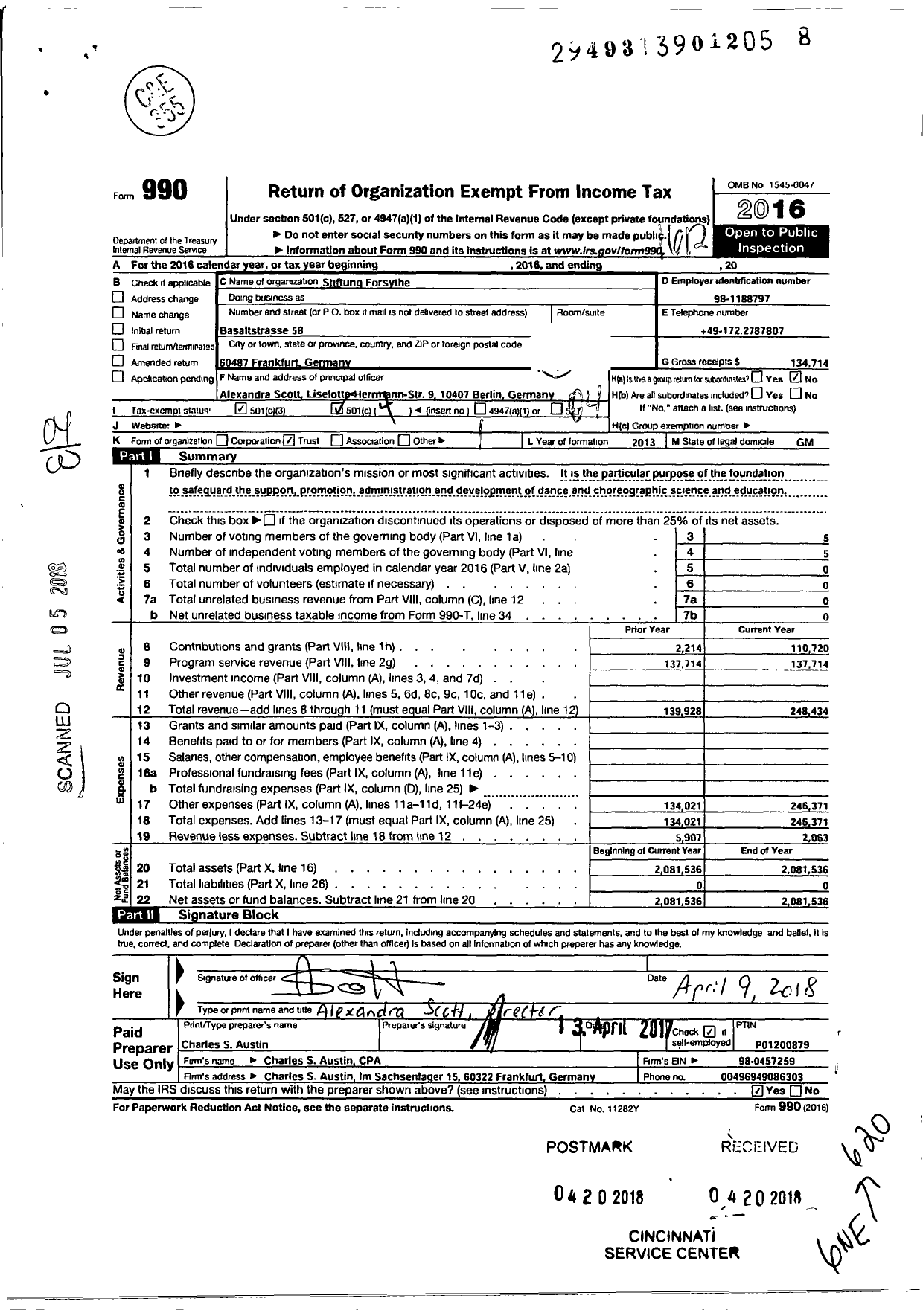 Image of first page of 2016 Form 990O for Stiftung Forsythe