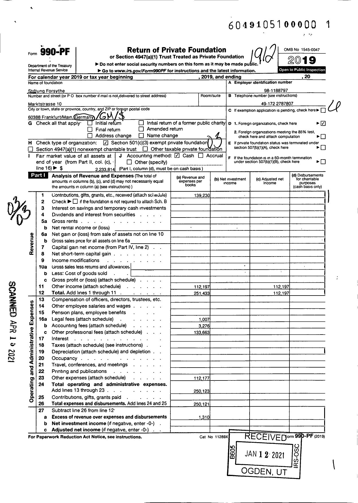 Image of first page of 2019 Form 990PF for Stiftung Forsythe