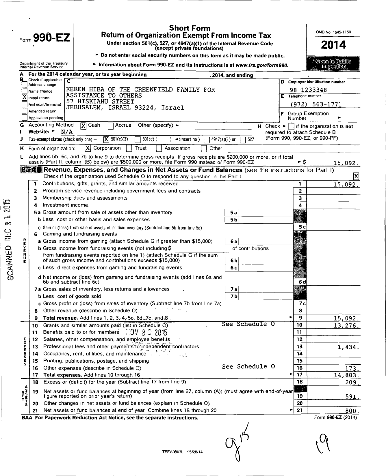 Image of first page of 2014 Form 990EZ for Keren Hiba of the Greenfield Family for Assistance To Others