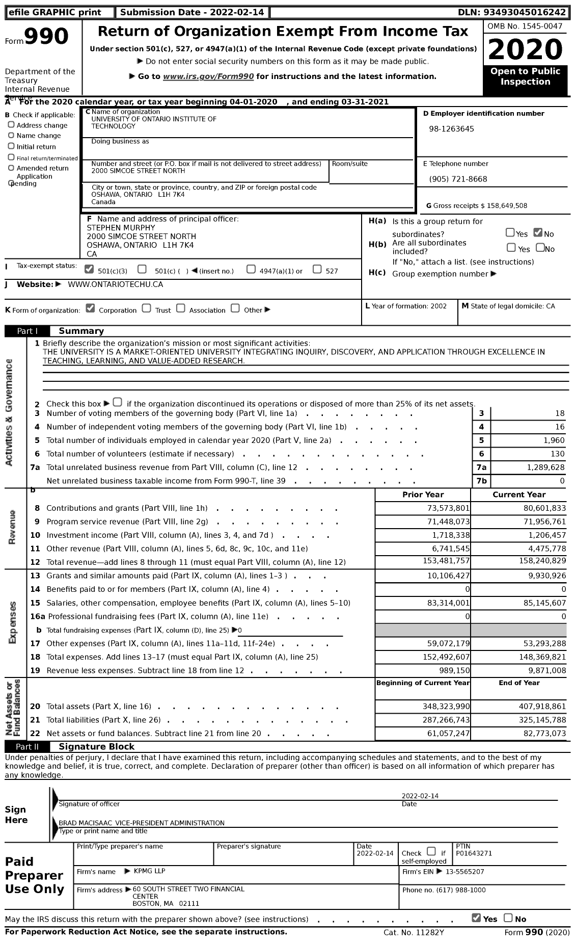 Image of first page of 2020 Form 990 for Ontario Tech University