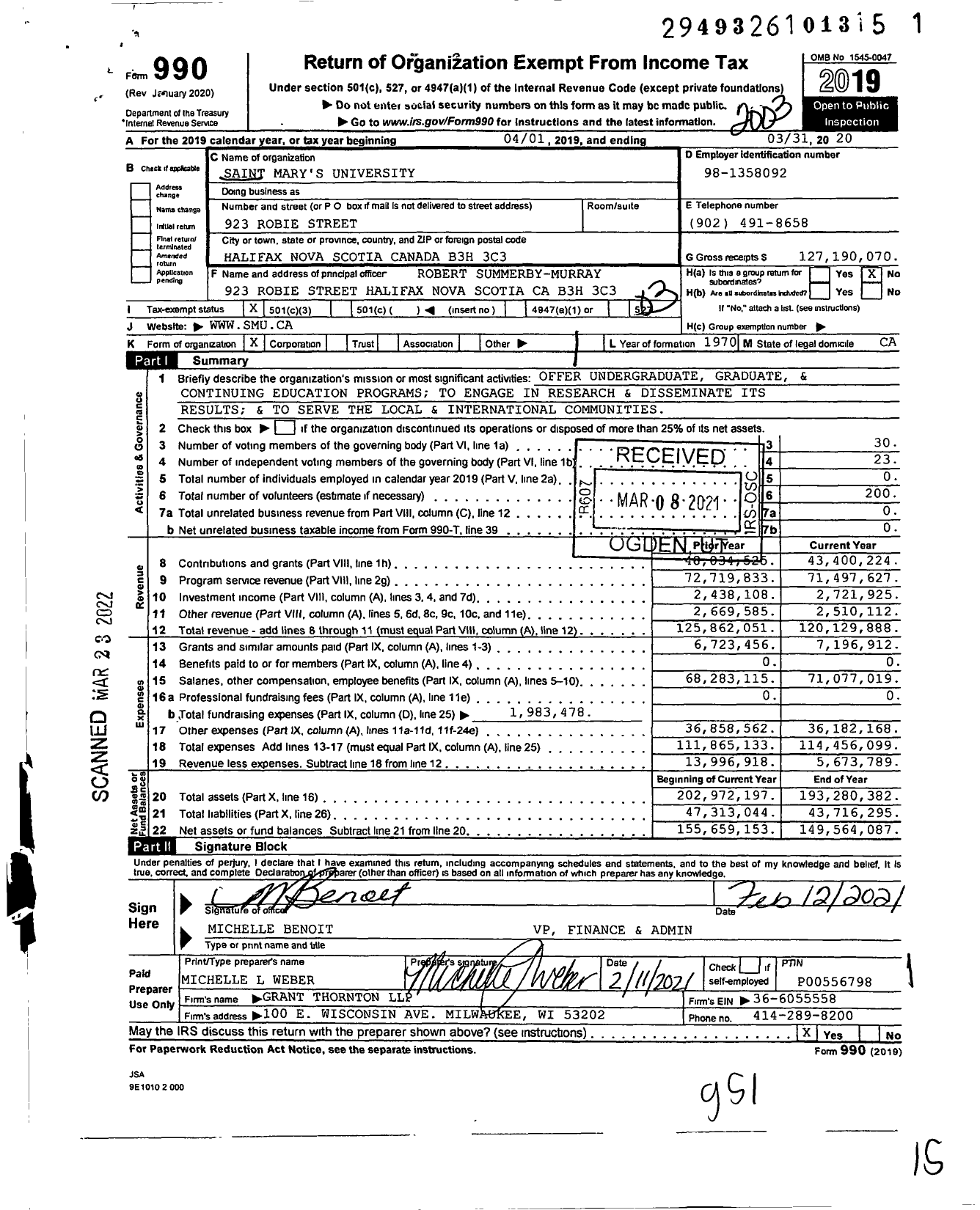 Image of first page of 2019 Form 990 for Saint Mary's University