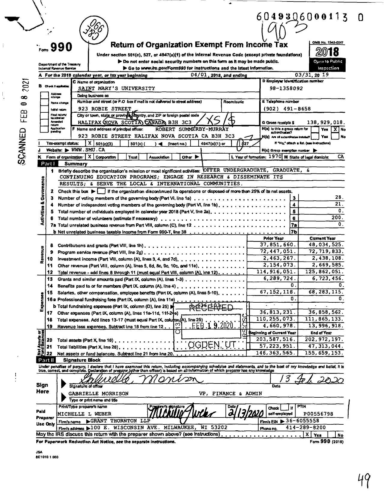 Image of first page of 2018 Form 990 for Saint Mary's University