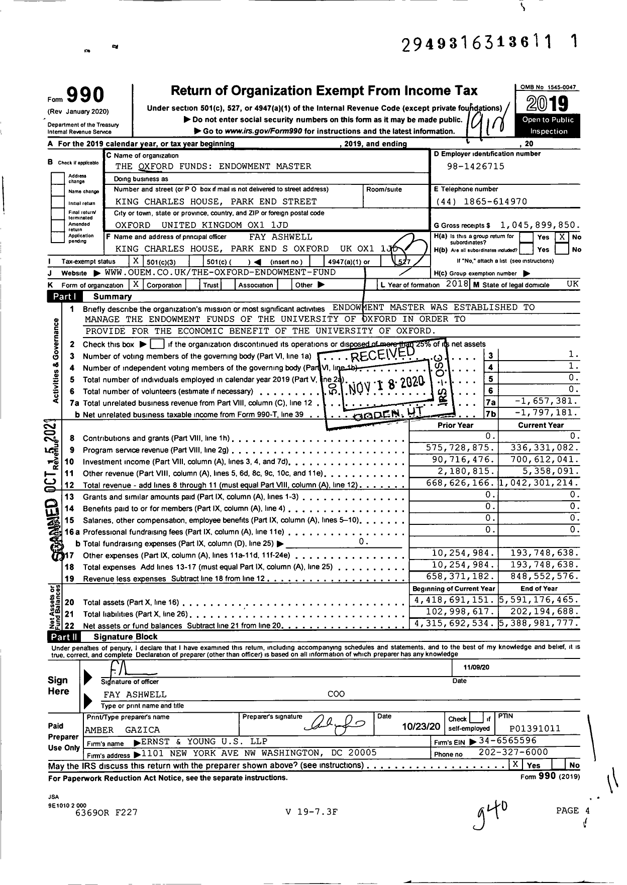 Image of first page of 2019 Form 990 for The Oxford Funds Endowment Master