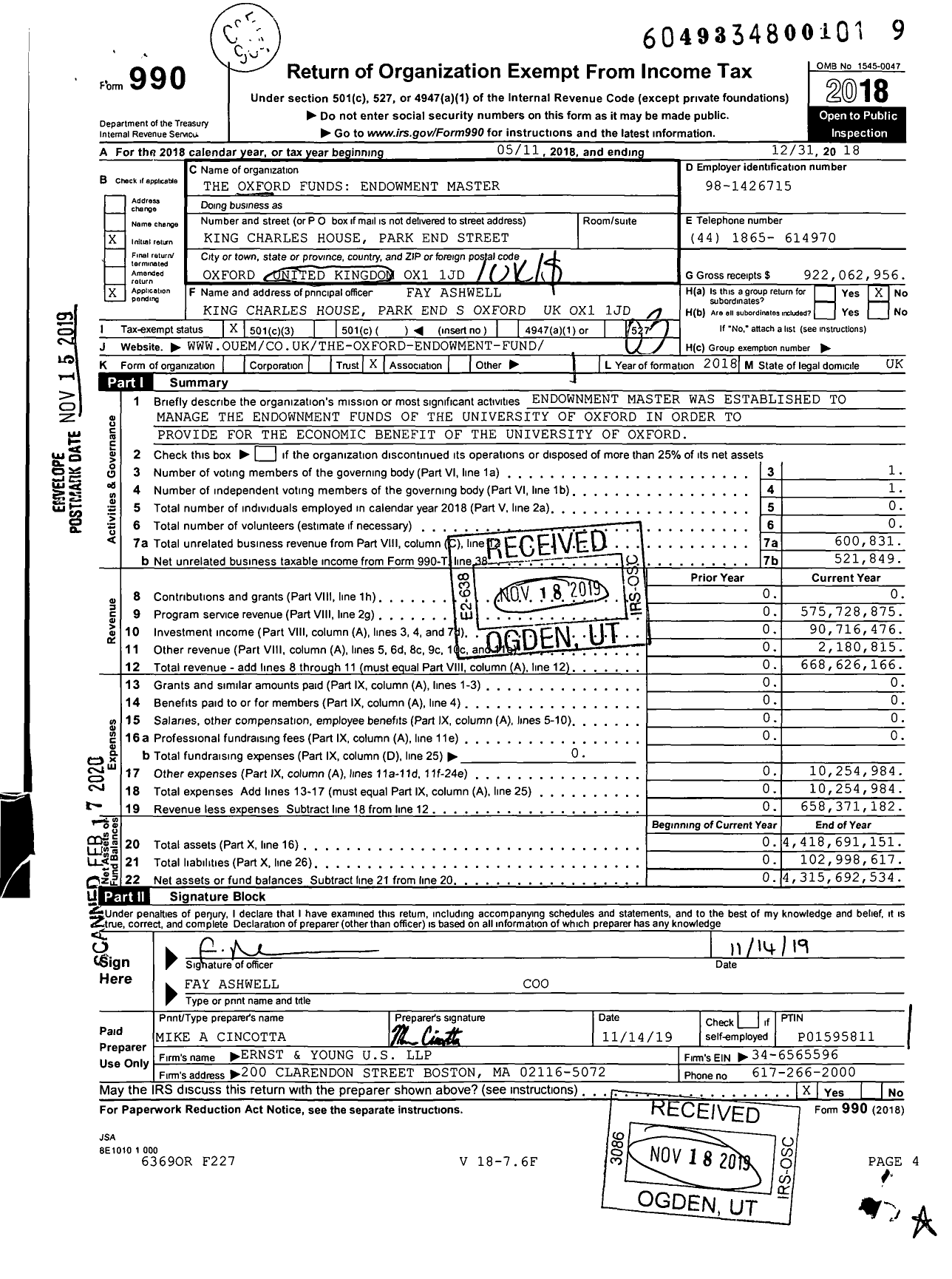 Image of first page of 2018 Form 990 for The Oxford Funds Endowment Master