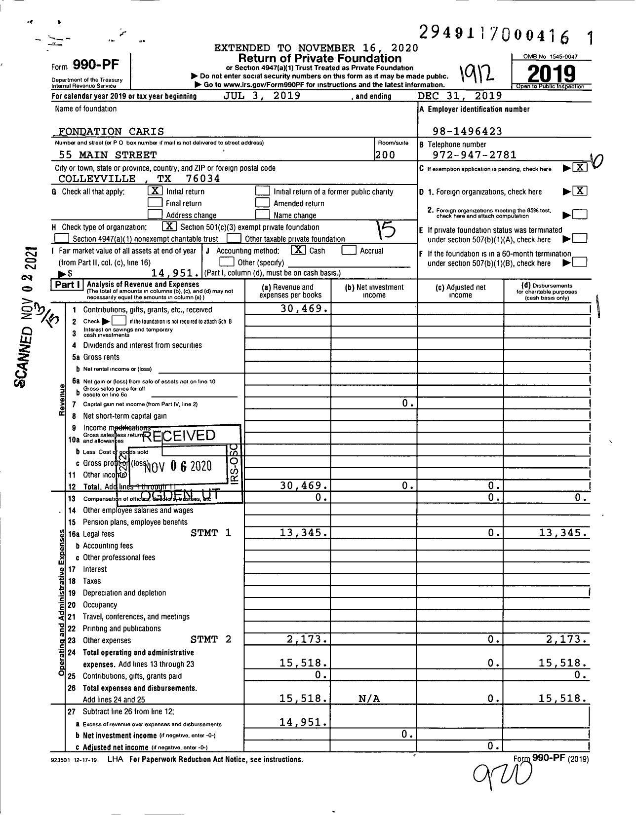 Image of first page of 2019 Form 990PF for Fondation Caris