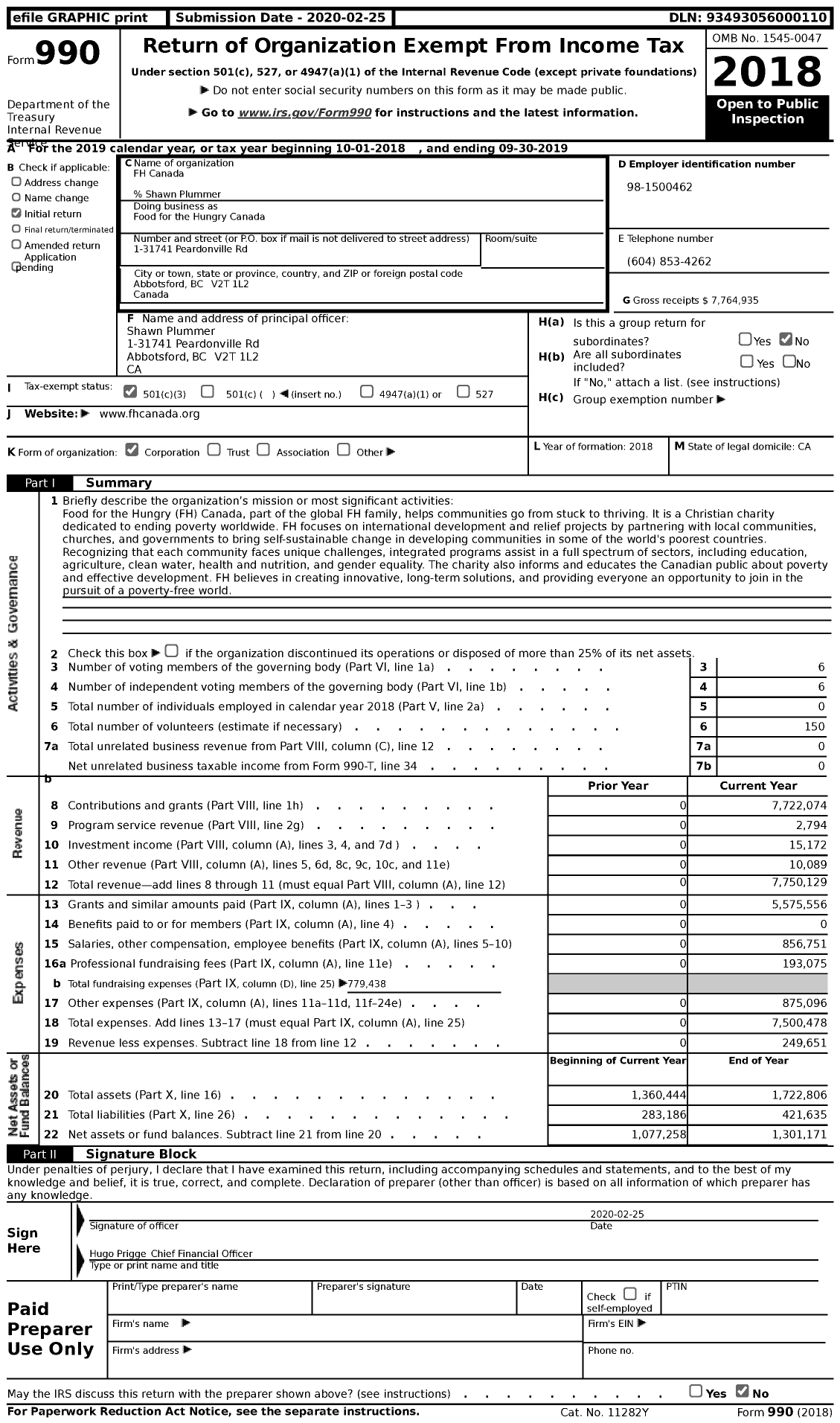 Image of first page of 2018 Form 990 for Food for the Hungry Canada