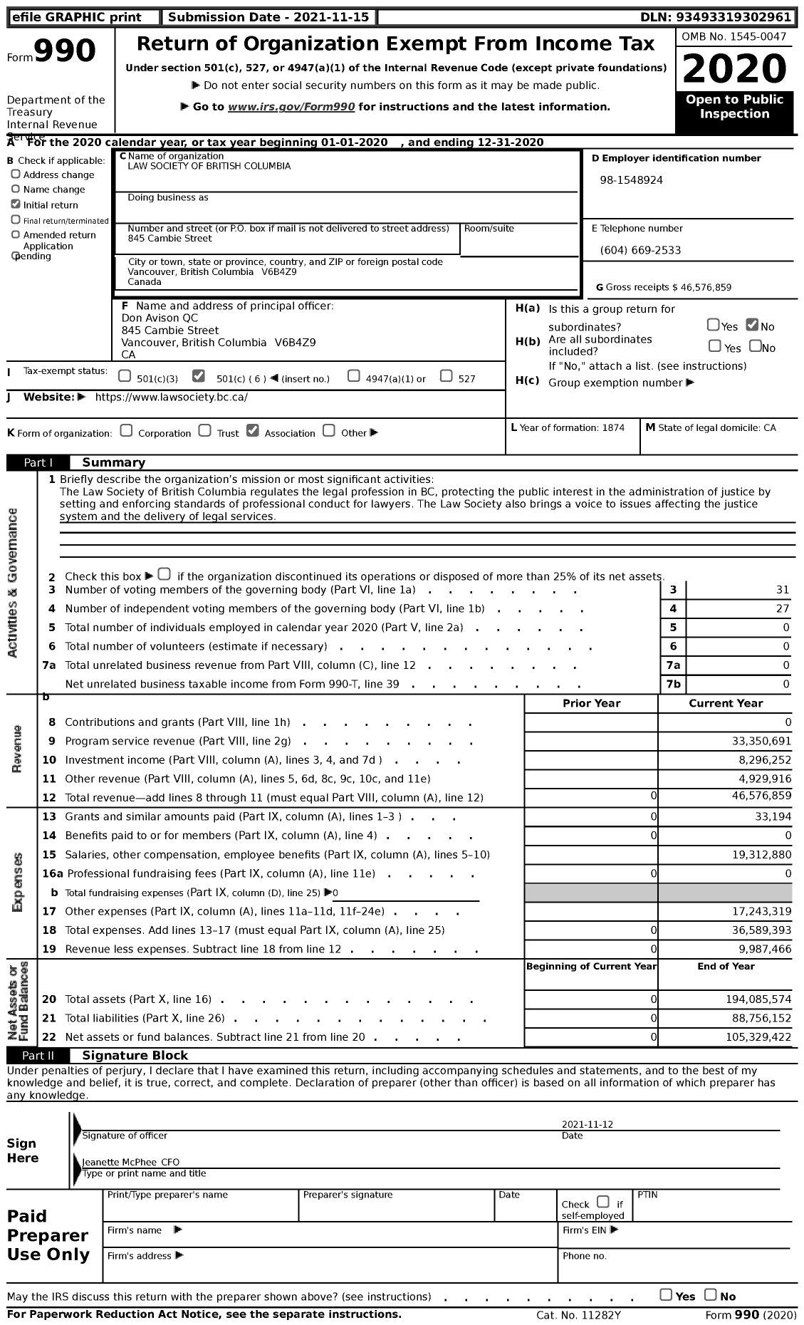 Image of first page of 2020 Form 990 for Law Society of British Columbia