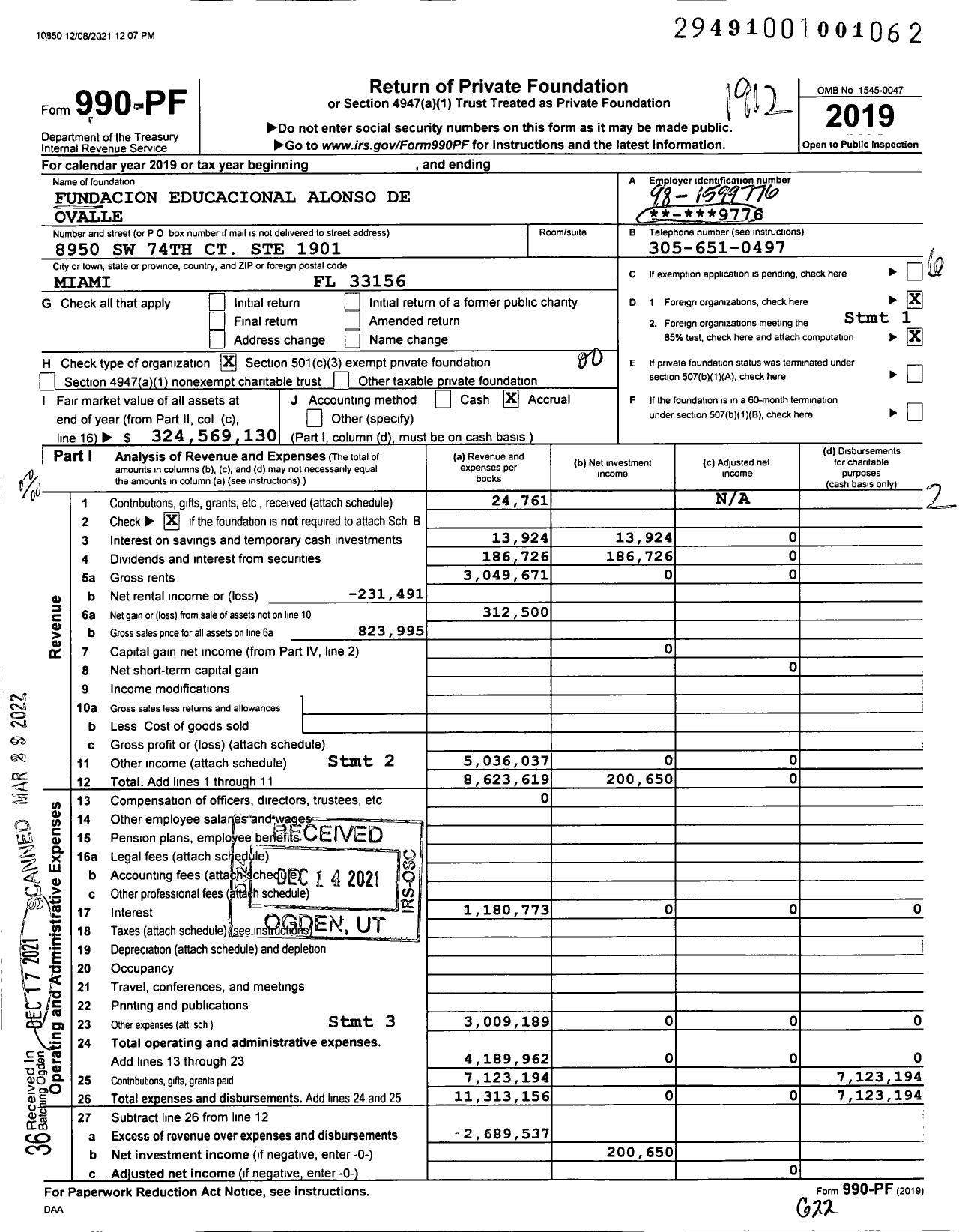 Image of first page of 2019 Form 990PF for Fundacion Educacional Alonso de Ovalle