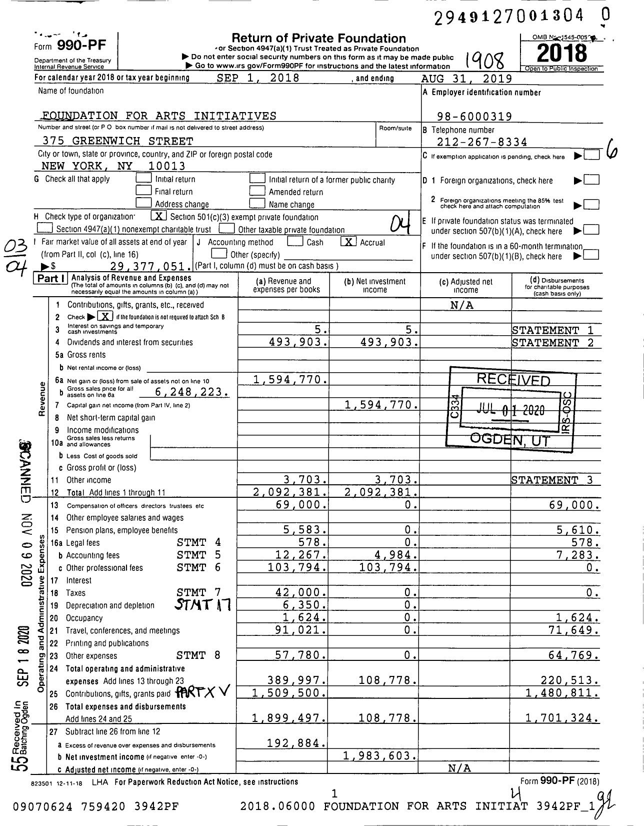 Image of first page of 2018 Form 990PF for Foundation for Arts Initiatives