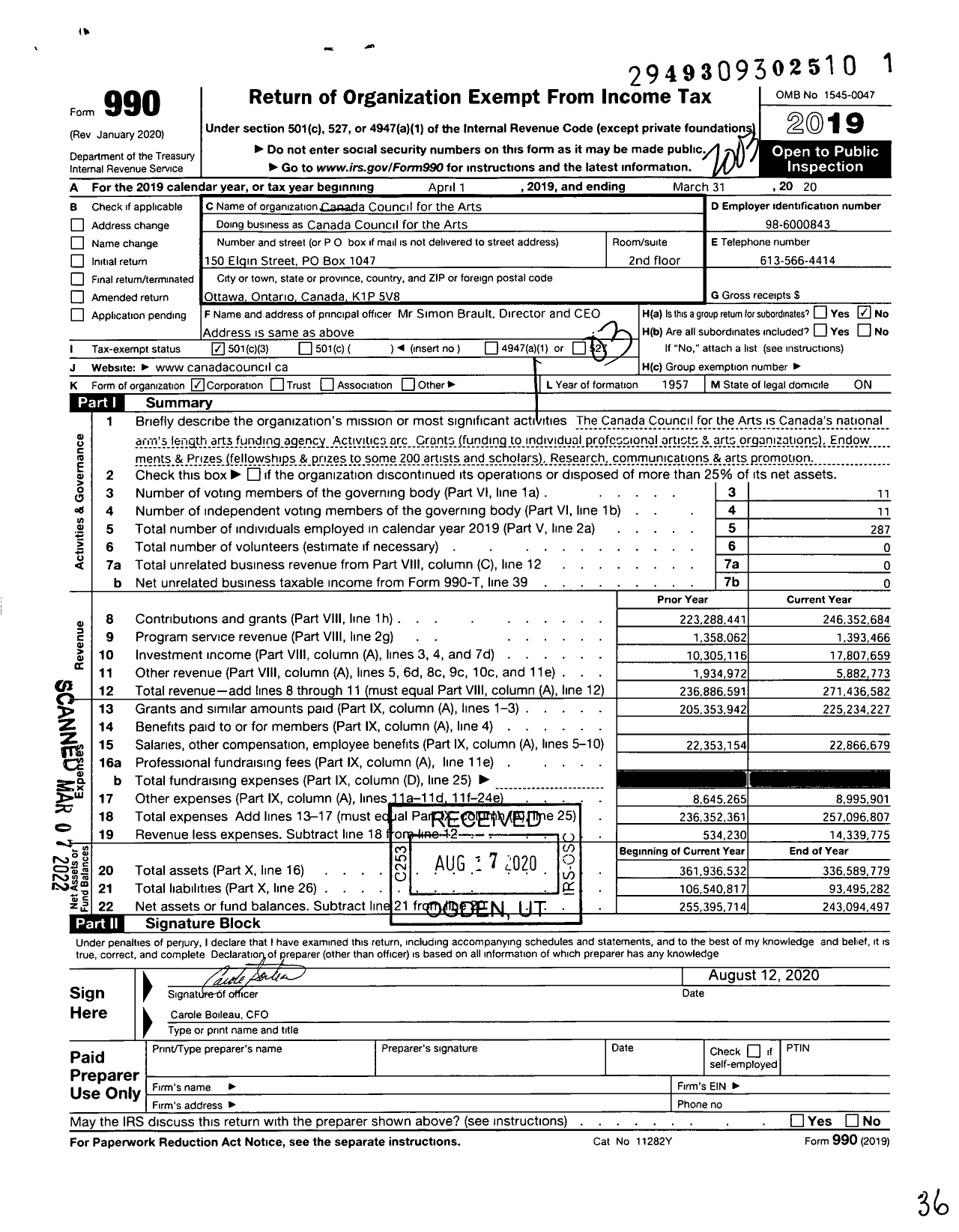 Image of first page of 2019 Form 990 for Canada Council for the Arts