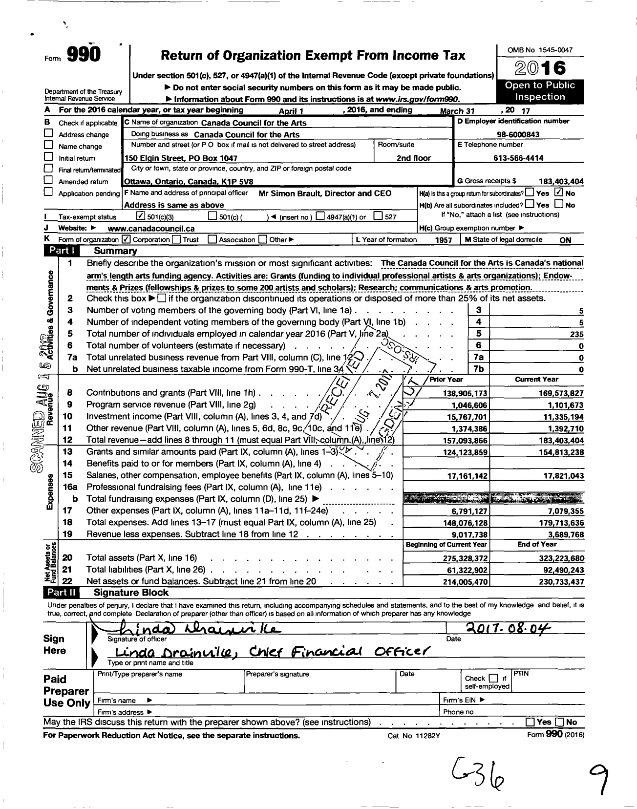 Image of first page of 2016 Form 990 for Canada Council for the Arts