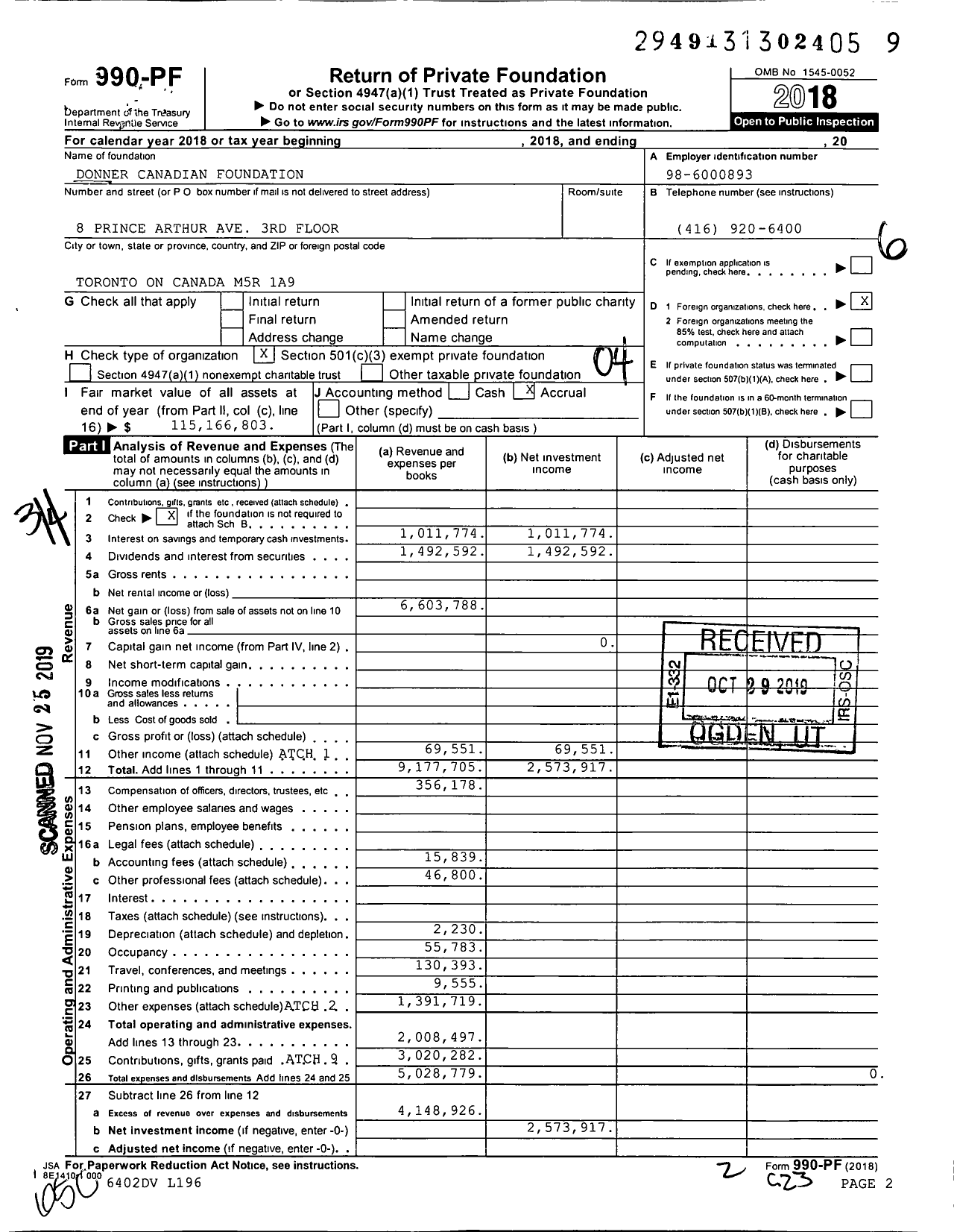 Image of first page of 2018 Form 990PF for Donner Canadian Foundation