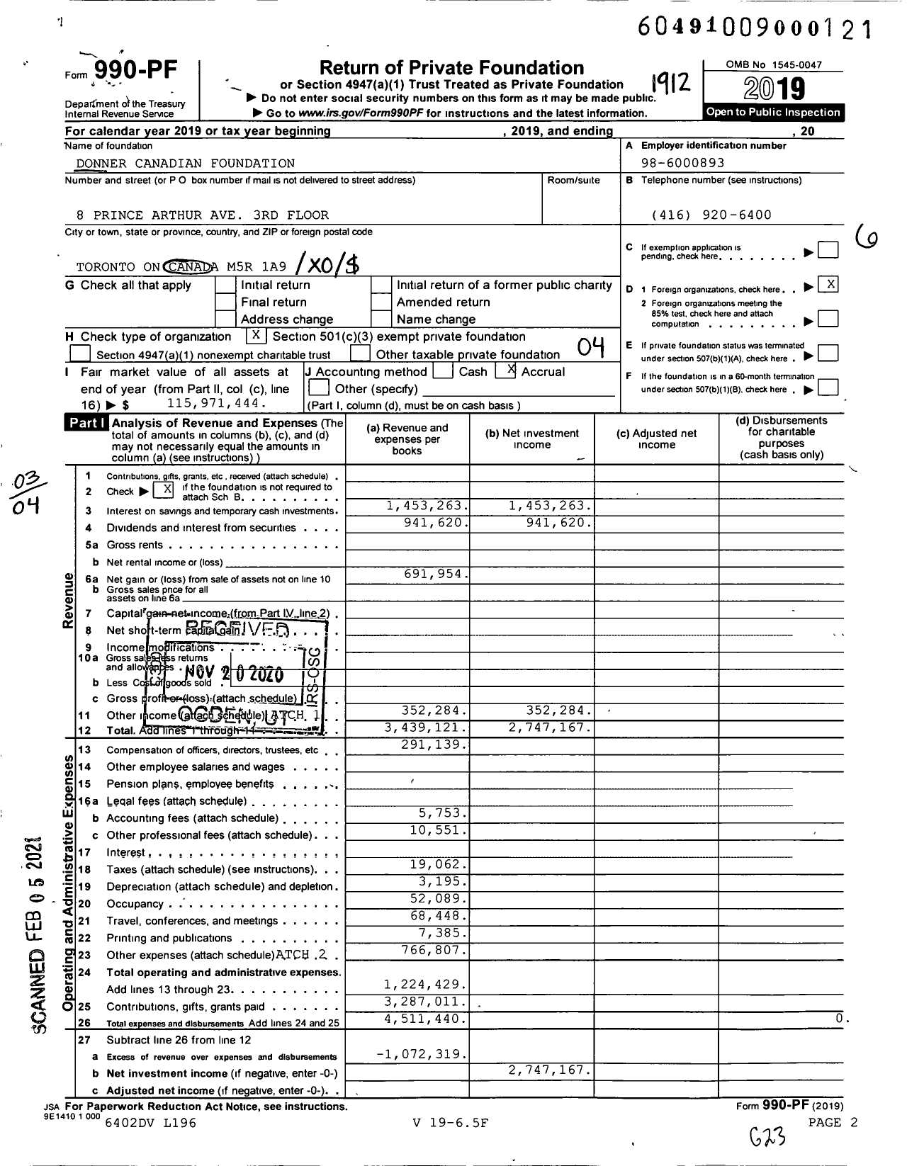 Image of first page of 2019 Form 990PF for Donner Canadian Foundation