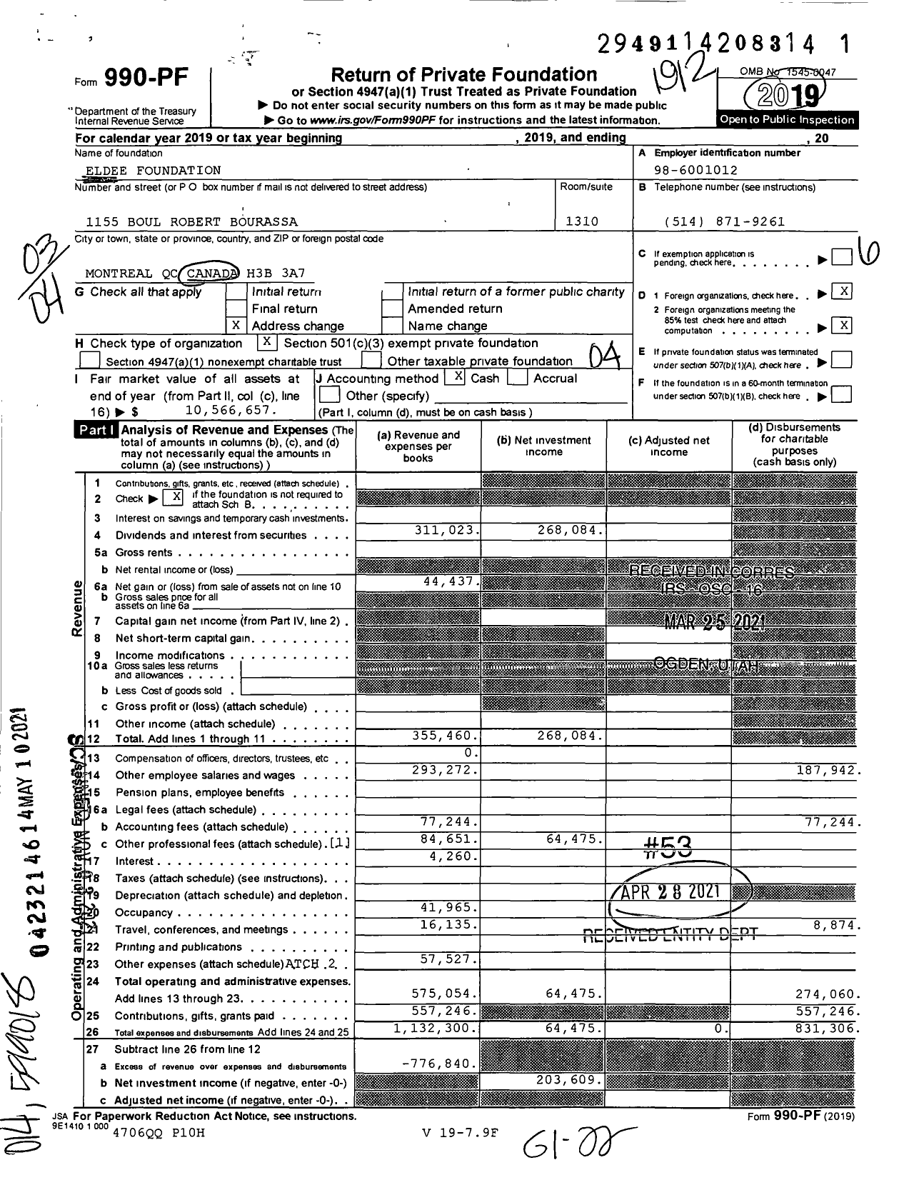 Image of first page of 2019 Form 990PF for Eldee Foundation