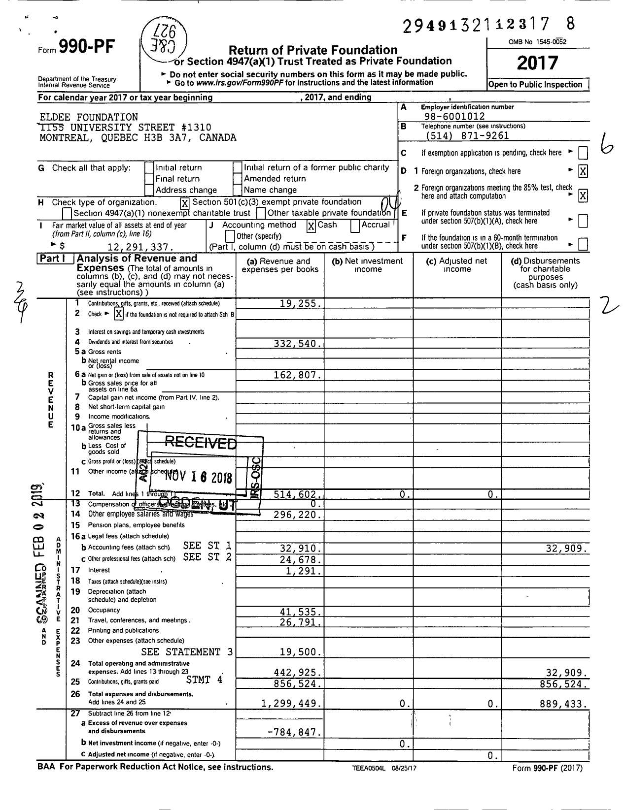 Image of first page of 2017 Form 990PF for Eldee Foundation