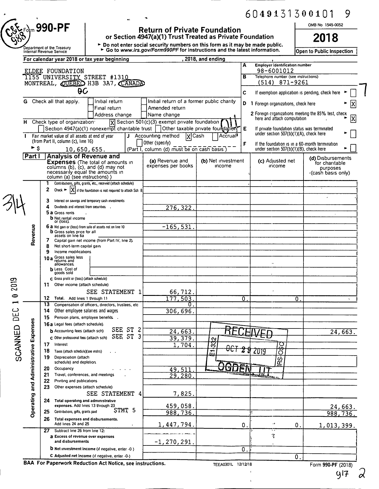 Image of first page of 2018 Form 990PF for Eldee Foundation