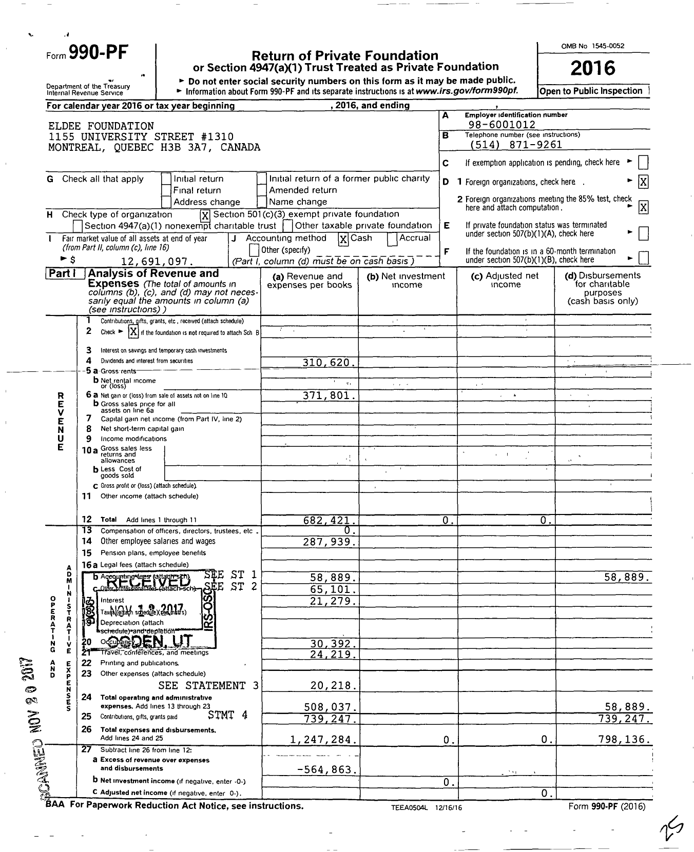 Image of first page of 2016 Form 990PF for Eldee Foundation