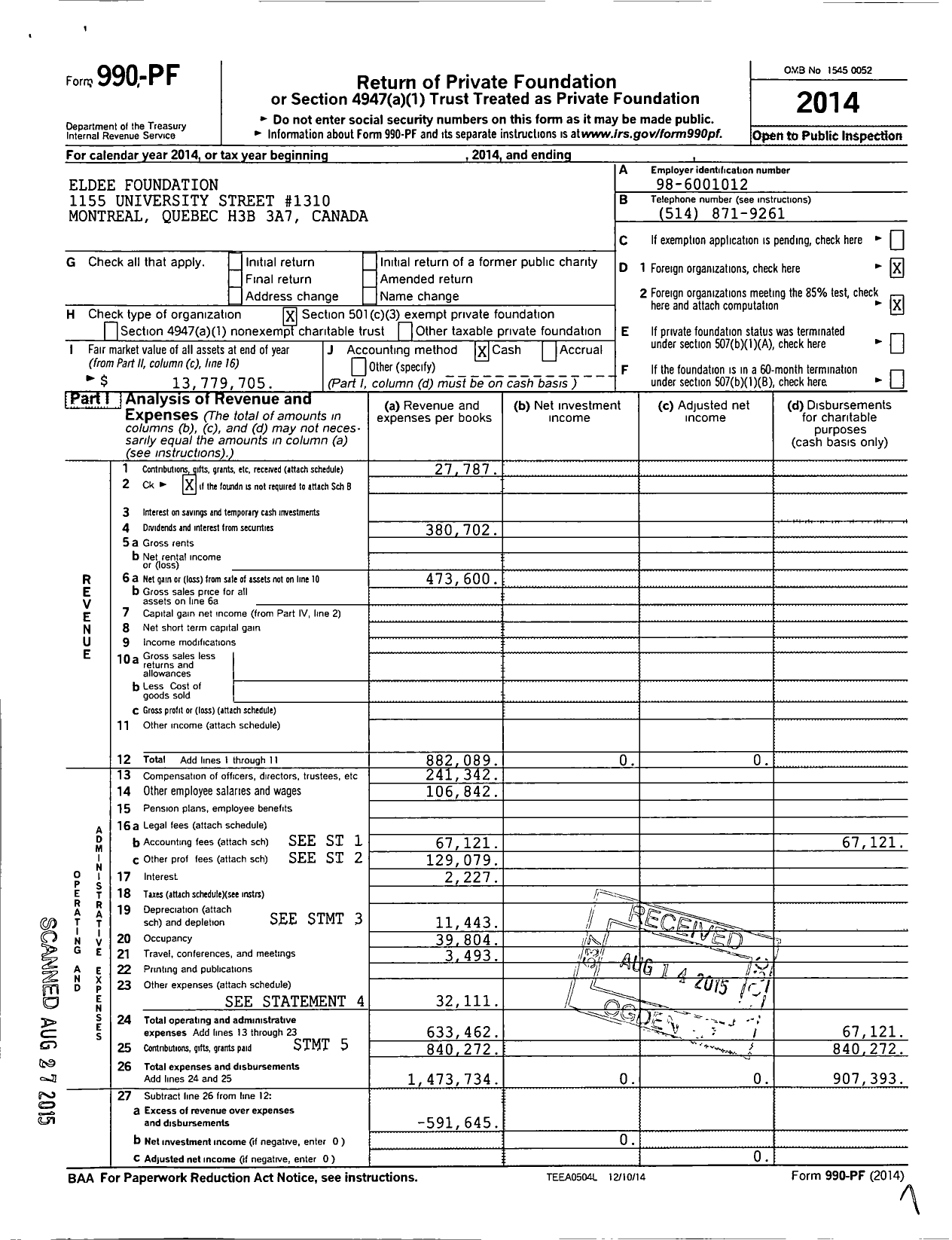 Image of first page of 2014 Form 990PF for Eldee Foundation