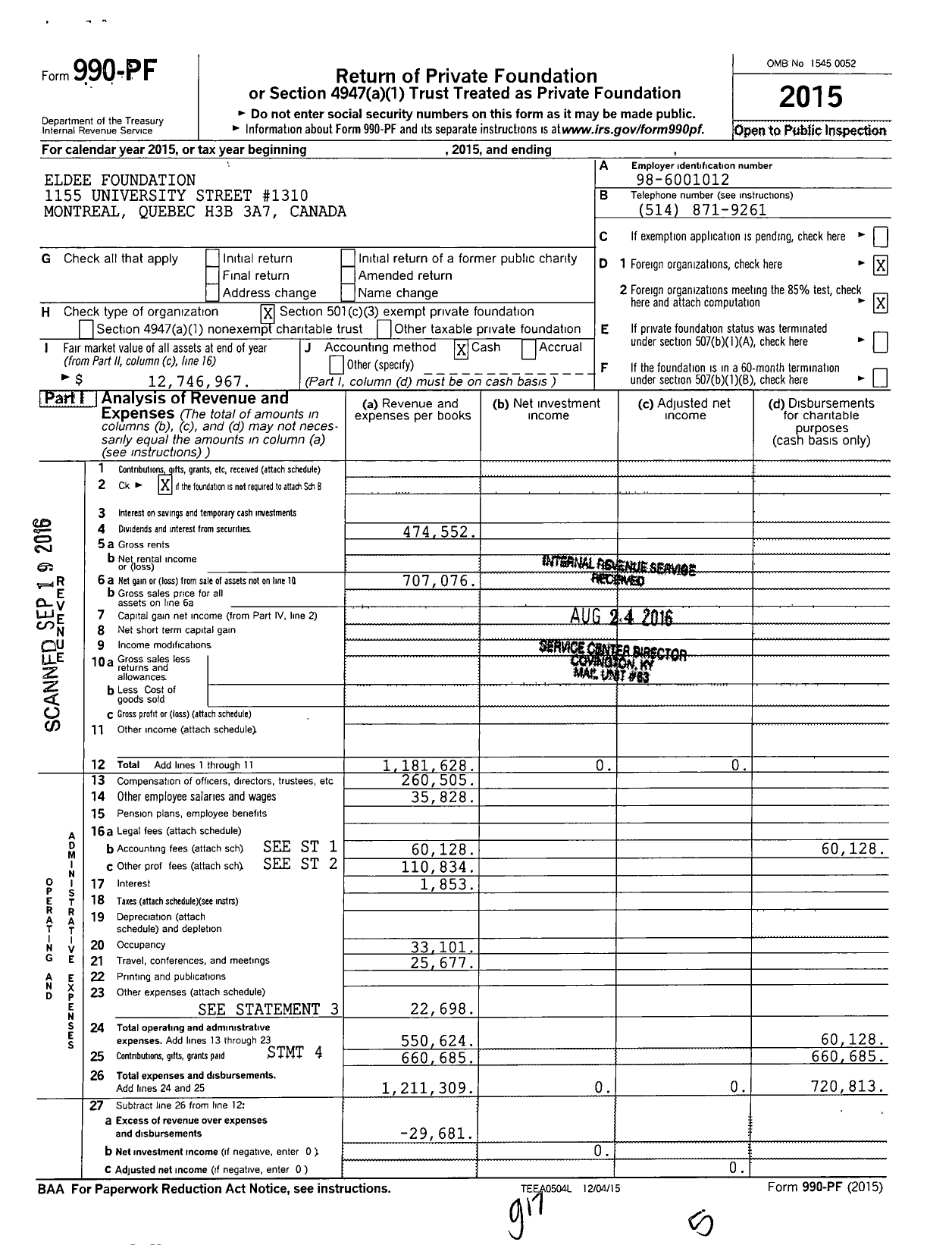 Image of first page of 2015 Form 990PF for Eldee Foundation