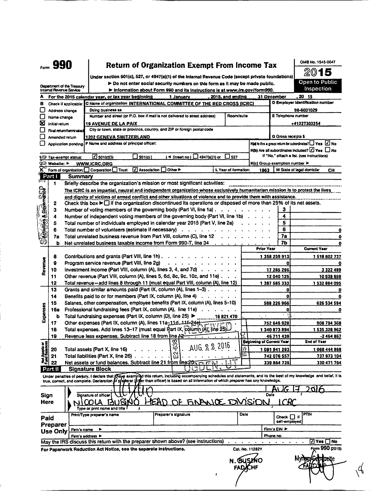 Image of first page of 2015 Form 990 for International Committee of the Red Cross (ICRC)