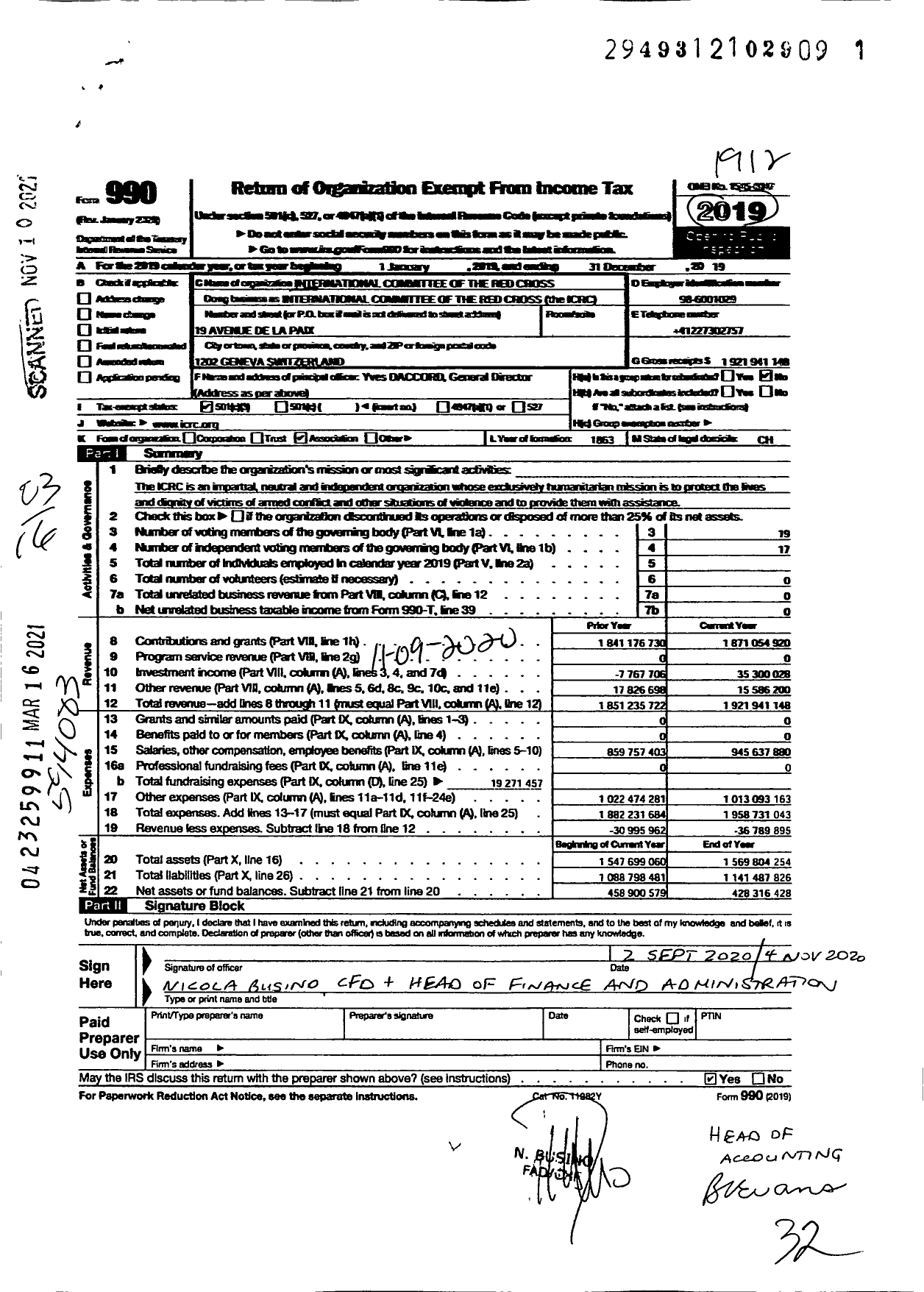 Image of first page of 2019 Form 990 for International Committee of the Red Cross (ICRC)